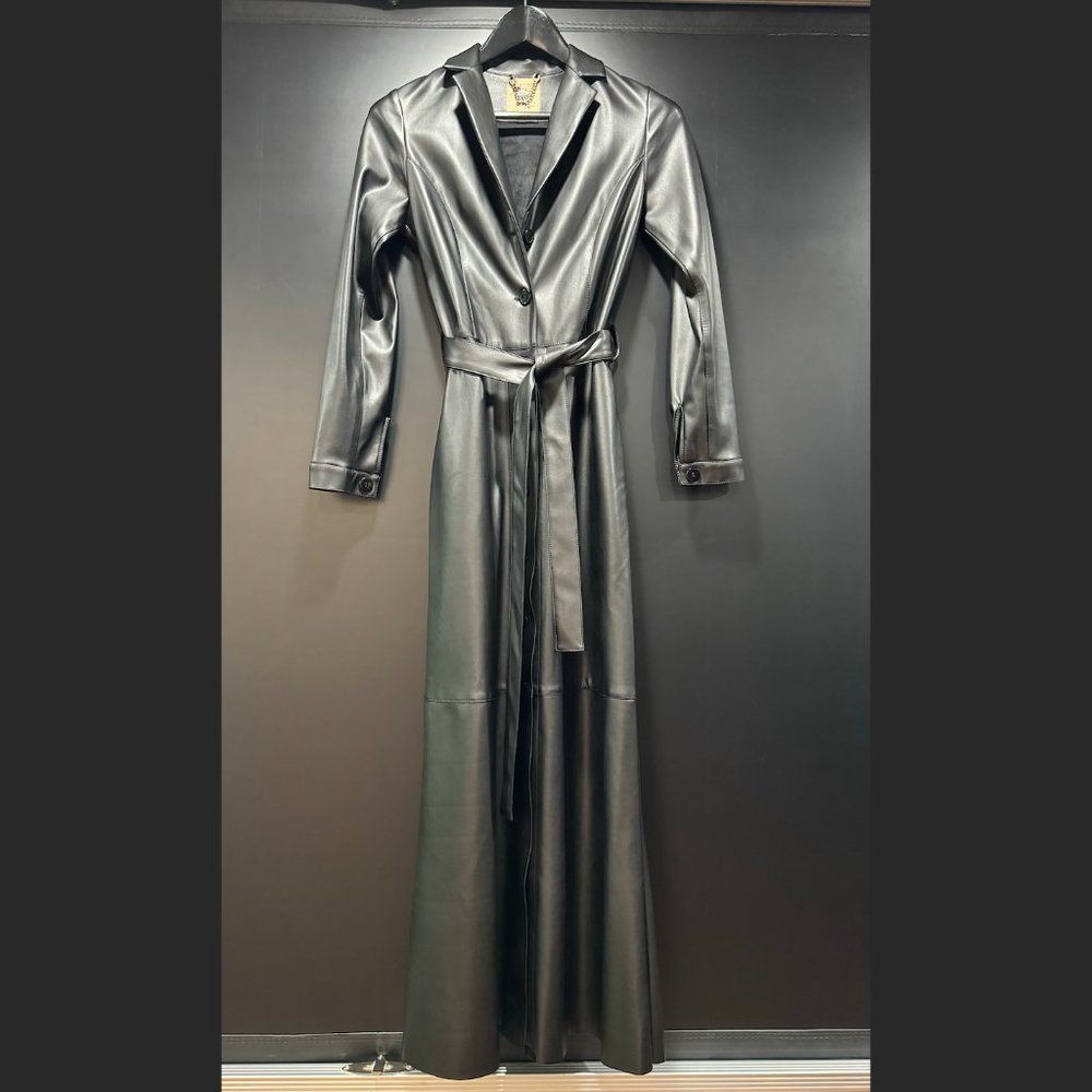 Julia Allert Long button-up Trench/ Raincoat Eco-Leather Black
